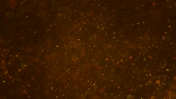 Gold-Bokeh-Blasen und kleine glitzernde Staubpartikel, die sich auf dem dunklen Hintergrund sanft nach oben und unten bewegen. — Stockvideo