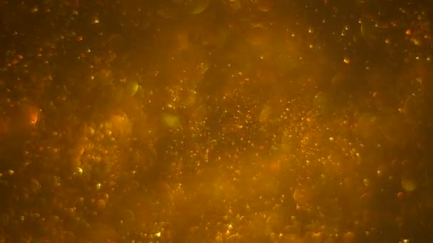 Fundo de ouro abstrato com movimento caótico de bolhas, girando, circulando aleatoriamente. Rotação de bolas, movimento browniano molecular abstrato . — Vídeo de Stock
