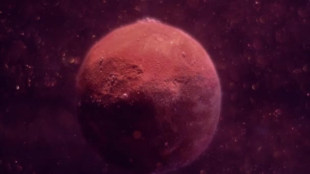 Realistischer braunroter Planet, der sich um seine Achse dreht. Millionen von Staubpartikeln schimmern und fliegen sanft durch den Weltraum. Sterne glitzern. — Stockvideo