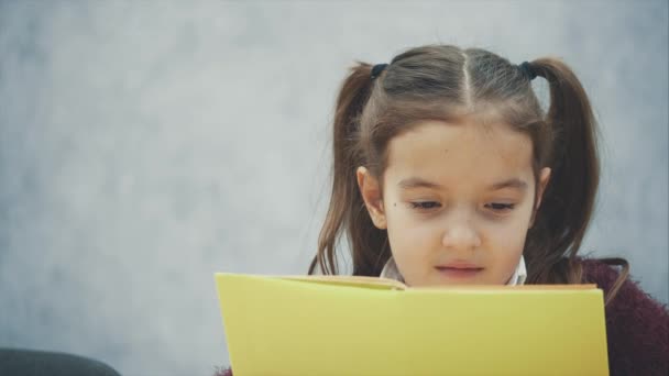 A little diligent schoolgirl sitting at the table reading a book. Gray background. — Stock Video