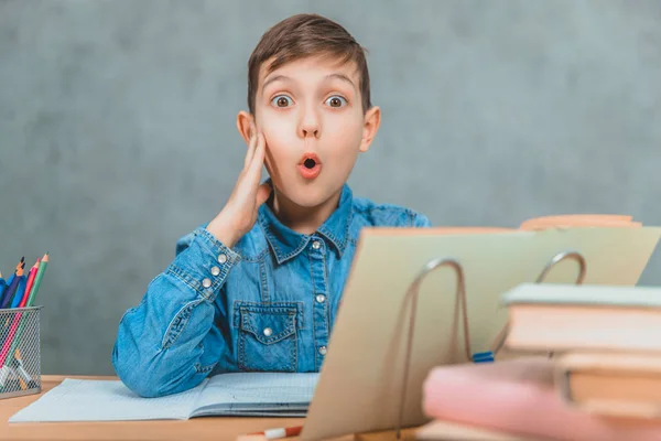 Miúdo da escola giro de t-shirt jeans azul sentado à mesa cheia de livros. Olhando para a câmera com expressão facial espantada, olhos e boca amplamente abertos, mãos em suas bochechas . — Fotografia de Stock