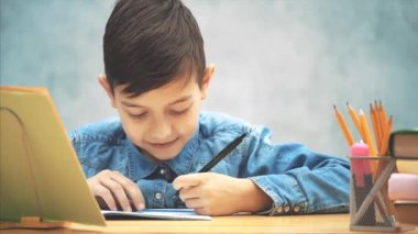 Mavi kot t-shirt yazma genç konsantre okul çocuk, kitap sahibi üzerinde kitaptan metin kopyalama.