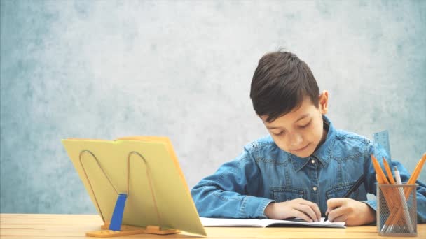 Joven niño de la escuela concentrado en vaqueros azules camiseta de escritura, copiando el texto del libro en el tenedor de libros. Su hermana se une a él, mirando cómo está escribiendo. Él la defiende. . — Vídeo de stock