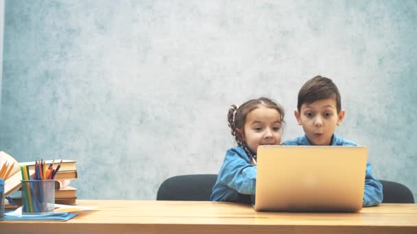 Niedliche kleine Schulkinder sitzen am Schreibtisch, suchen im Internet, im Laptop und freuen sich über etwas, das sie gefunden haben. — Stockvideo