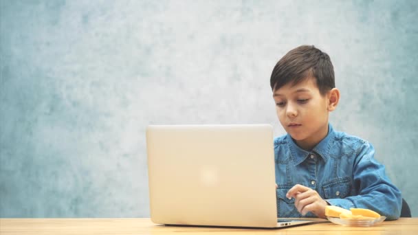 かわいい小さな男子生徒がラップトップで机に座り、インターネットで検索し、リンゴを食べている. — ストック動画
