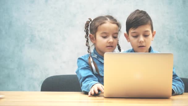 Χαριτωμένα μικρά σχολικά παιδιά κάθονται στο γραφείο, ψάχνοντας στο διαδίκτυο, στο laptop, και ευχαριστημένοι από κάτι που έχουν βρει. — Αρχείο Βίντεο