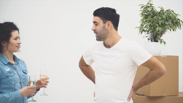 Manželka přichází se dvěma sklenicemi vína, na bílém pozadí. Cheers Action. Animace. 4k. — Stock video