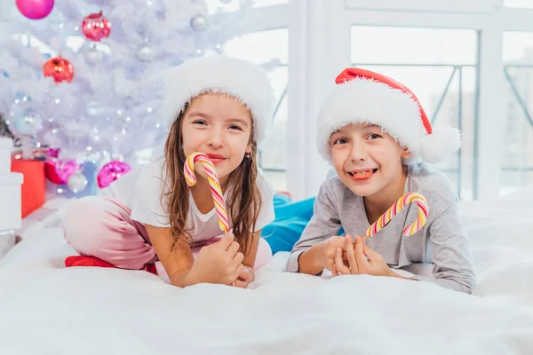 Tiro de hermanos muy emocionados con bastones de caramelo, pasar tiempo juntos en el dormitorio blanco en la mañana de Navidad . — Foto de Stock