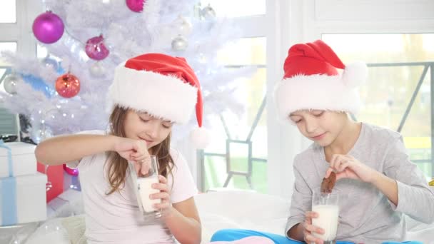 Little siblings enjoy their breakfast, dipping american cookies into fresh milk. — Stock Video