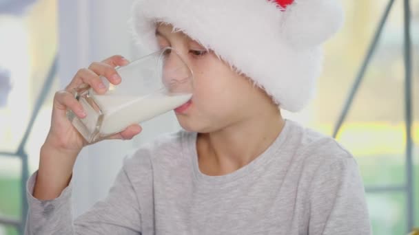 Vidéo 4k recadrée de petit garçon au chapeau de Père Noël buvant du lait et mangeant de délicieux biscuits, léchant la moustache du lait . — Video