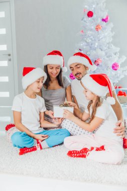 Genç bir aile Noel 'i evde kutluyor. Mutlu, genç bir aile tatillerinin tadını çıkarıyor.