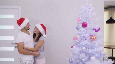 Güzel bir Noel ağacına bakan sevimli bir çift, pembe cam topları yeniden ayarlayan bir kadın..
