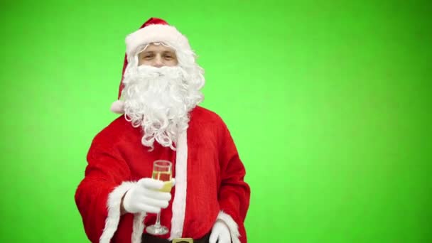 Санта желает счастливого Рождества и выпивает бокал шампанского. ключ хромы — стоковое видео
