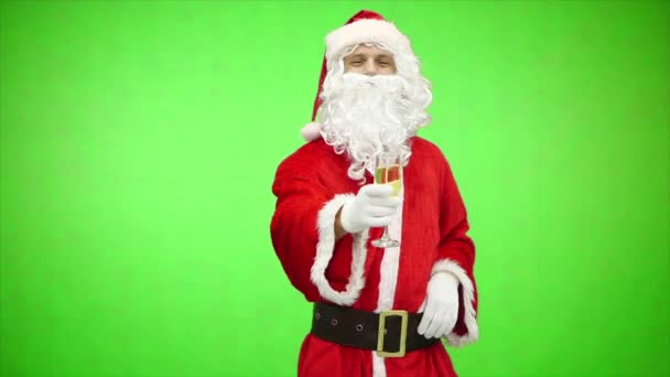 Santa bedrijf champagne glas, chromakey. Santa Claus, groene screeen — Stockvideo
