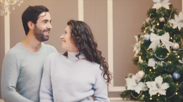 Hoopvolle man en vrouw in de buurt van de kerstboom, vrouw breidt een geschenk gebonden met een rood lint, kijken naar de camera glimlachend. — Stockvideo