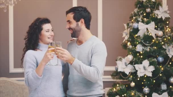 Fête du Nouvel An photo avec couple amoureux, boire du champagne sur fond de nouvel an . — Video