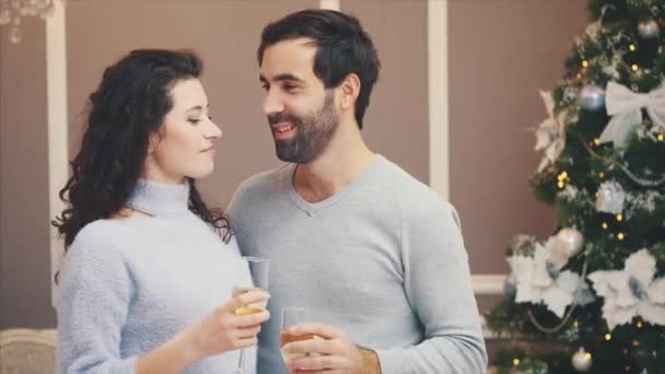 Крупним планом відео молодої пари закоханих у новорічну ніч, п'є біле вино, розважається . — стокове відео