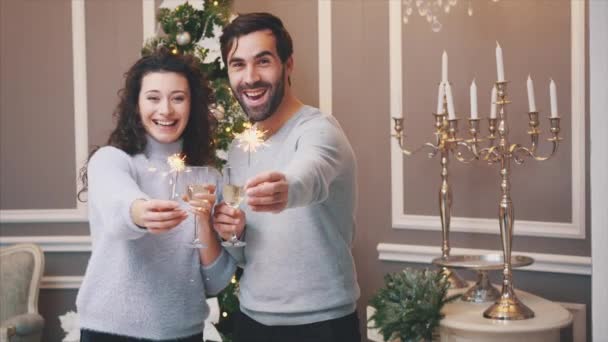 Video of cool man and woman making wishes, with glasses of champange and bengal lights in their hands. — Stock Video