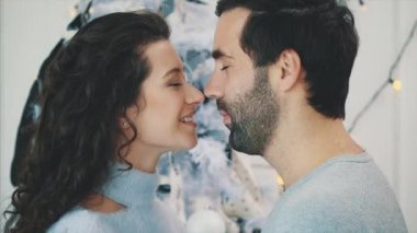 Gözleri kapalı, Noel arkaplanı boyunca burunlarına dokunan sevgi dolu bir çift..