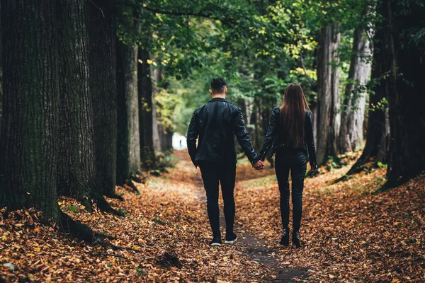 Rear view of young couple in love walking in the autumn park holding hands. — Stock Photo, Image