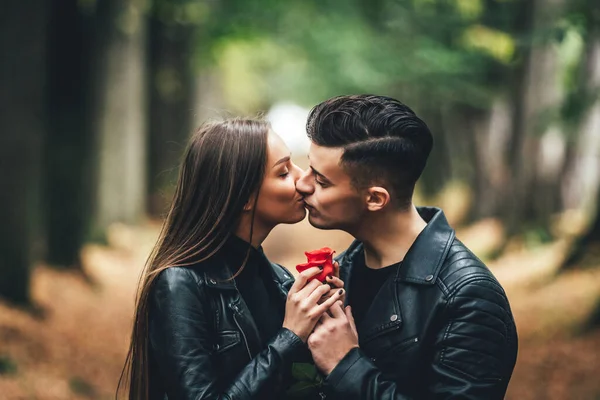 주행성 공원에서 붉은 장미를 들고 키스하는 파스퇴르젊은 남녀. — 스톡 사진