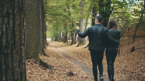 Um casal amoroso caminha no parque de outono. Vista traseira. O tipo forte está a abraçar a namorada. Movimento lento. Espaço para cópia. 4K . — Vídeo de Stock