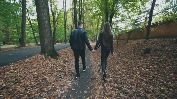 A loving couple walks in autumn park. Back view. Total black look. Copy space. 4K. — Stock Video