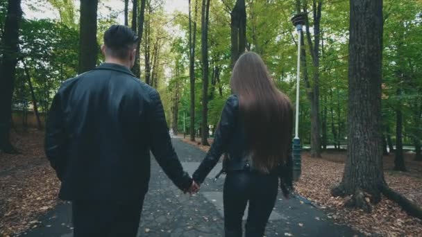 Un couple amoureux se promène et parle dans le parc d'automne. Fond flou. Vue de derrière. Au ralenti. Espace de copie. 4K . — Video