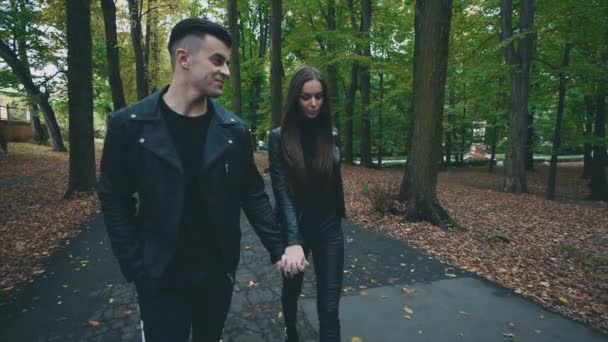 Un couple amoureux se promène et parle dans le parc d'automne. Une récolte. Au ralenti. Espace de copie. 4K . — Video