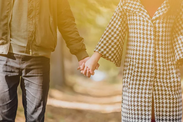 Foto recortada de pareja enamorada cogida de la mano en otoño naturaleza con rayos de sol en todas partes . —  Fotos de Stock