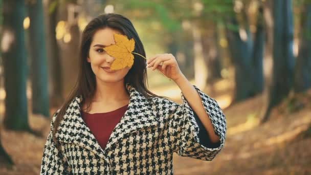 Медленно. Счастливая улыбающаяся кавказская девушка имитирует желтый лист, чтобы быть ее глаза, изолированные, на размытом фоне парка. Закрывай. Копирование пространства. — стоковое видео
