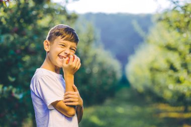 Neşeli çocuk taze kırmızı elmayı ısırıyor, sonbahar bahçesinde eğleniyor.