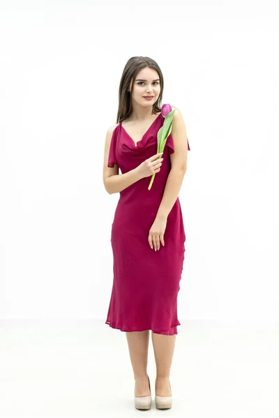 Beautiful girl in the maroon dress smells a tender tulip over white background.