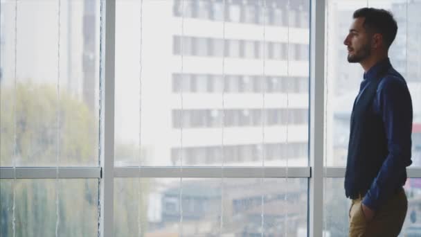 Επιχειρηματίας στην επίσημη σουίτα στέκεται μπροστά από πανοραμικό παράθυρο με θέα στην πόλη. Περικοπή. Κλείσε. Κινούμενα σχέδια. 4K. — Αρχείο Βίντεο