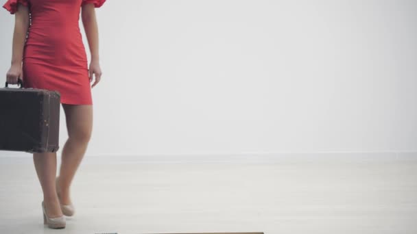白い背景に対して隔離されたラインで待っている革のブリーフケースを保持赤いドレスの女性のトリミングされたスローモーションビデオ. — ストック動画