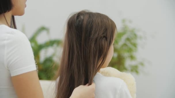 Ostříhaný zpět pohled na mladé matky česání její dcery vlasy, zatímco ona hraje s medvídkem. — Stock video