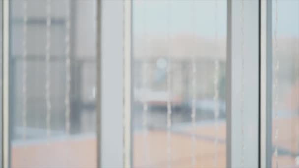 Biznesmen w formalnym apartamencie stoi przed panoramicznym oknem z widokiem na miasto. Uśmiechnięty biznesmen. Zamknij drzwi. Animacja. 4K. — Wideo stockowe