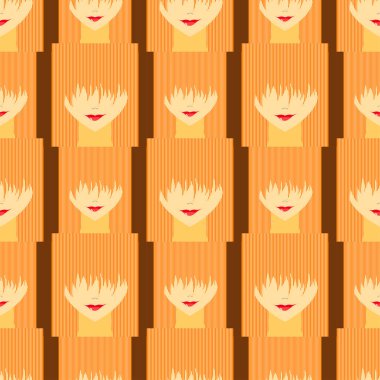 Yüz ile renkli stilize kız uzun patlama kaplı. Noface kadın seamless modeli.