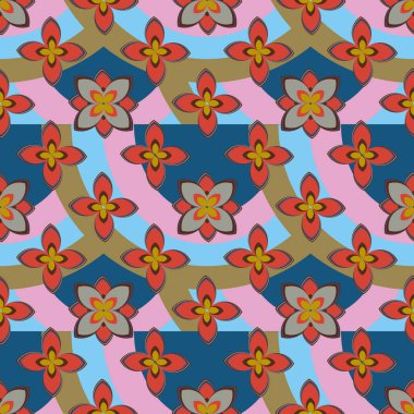 Çiçekler ve gökkuşakları, vektör çizim ile çok renkli geometrik seamless modeli 