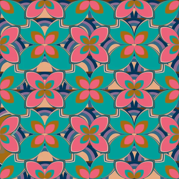 Geometrisches Mehrfarbiges Nahtloses Muster Mit Blumen Und Regenbogen Vektorillustration — Stockvektor