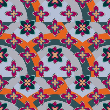 Çiçekler ve gökkuşakları, vektör çizim ile çok renkli geometrik seamless modeli 