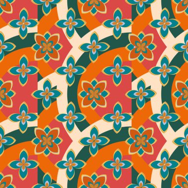 Çiçekler ve gökkuşakları, vektör çizim ile çok renkli geometrik seamless modeli 