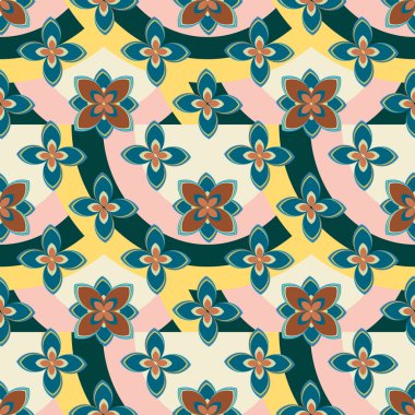 Çiçekler ve gökkuşakları, vektör çizim ile çok renkli geometrik seamless modeli 