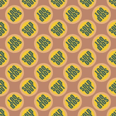 Satılan dışarı Dikişsiz desen metinle. Pop sanat tasarım ve renk doku ile yuvarlak başlık içinde alt yazı. Bir arka plan üzerinde etiket.