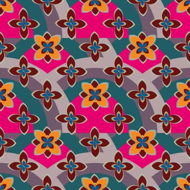 Çiçekler ve gökkuşakları, vektör çizim ile çok renkli geometrik seamless modeli 