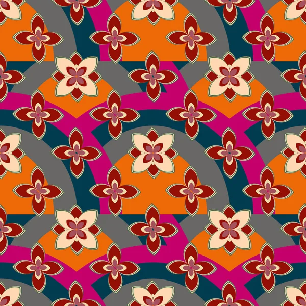Patrón Geométrico Multicolor Sin Costura Con Flores Arcoíris Ilustración Vectorial — Vector de stock