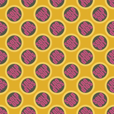 Satılan dışarı Dikişsiz desen metinle. Pop sanat tasarım ve renk doku ile yuvarlak başlık içinde alt yazı. Bir arka plan üzerinde etiket.