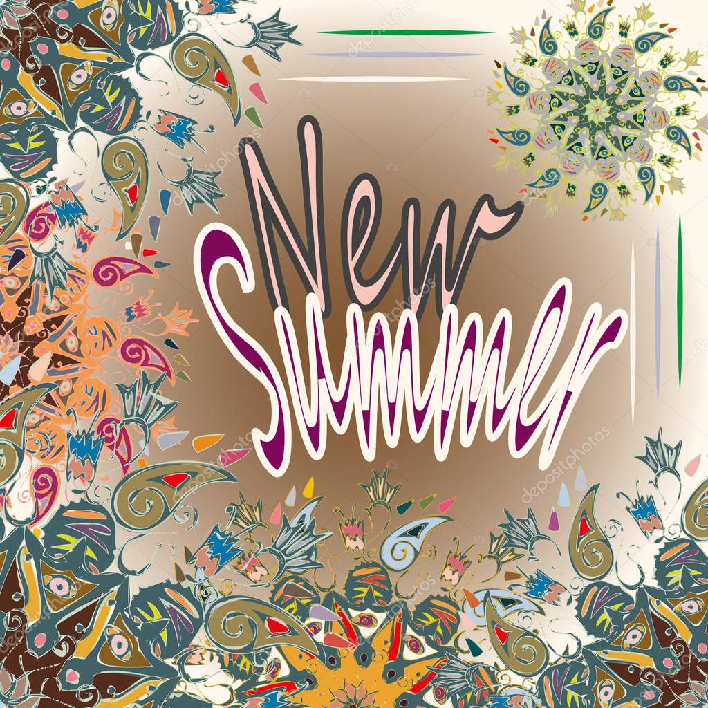 New summer - zentangle inspired art vintage card design with doodle in bright colors