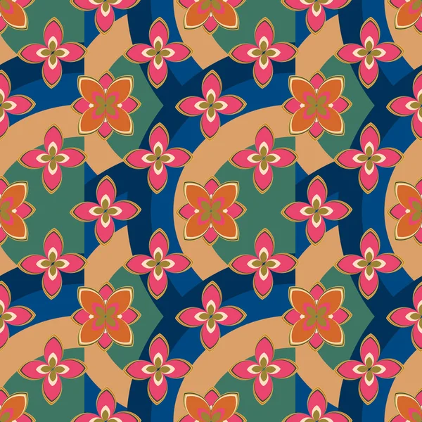 Motif Géométrique Multicolore Sans Couture Avec Des Fleurs Illustration Vectorielle — Image vectorielle