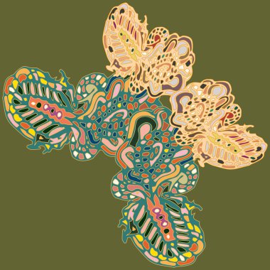 Soyut desenli renkli parlak kelebek kanatları, tekstil baskı, vektör çizim ile. Kumaş tasarımı için duvar kağıdı.